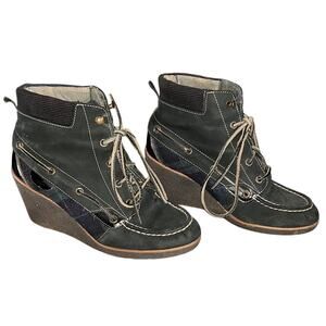 Sperry Top Sider Bailey Green Leather Wool Plaid Wedge Ankle Boots Booties 7.5